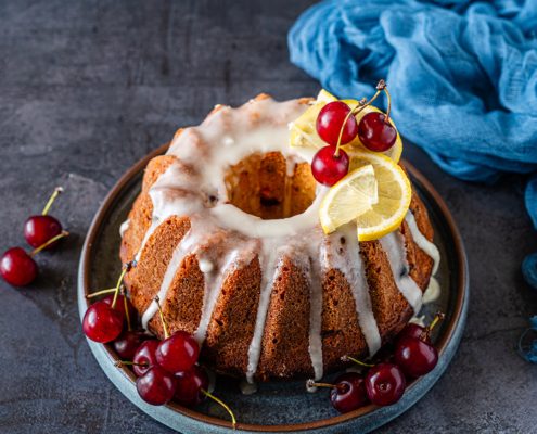 lemon olive oil bundt cake with sour cherries