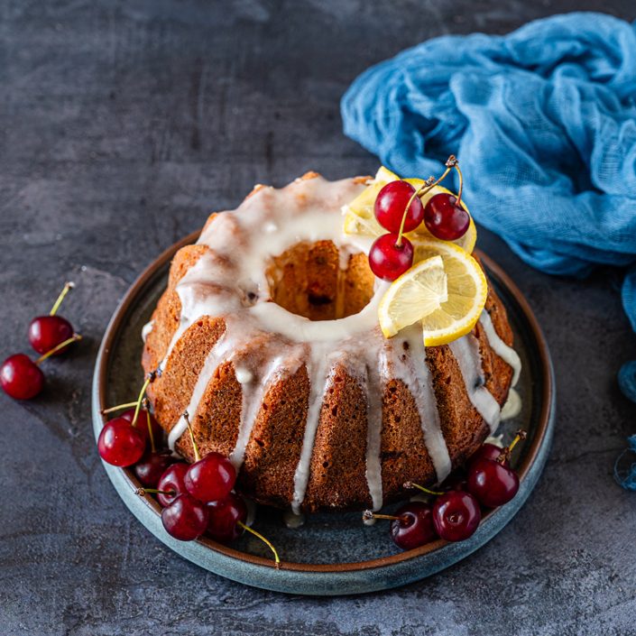 lemon olive oil bundt cake with sour cherries