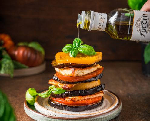 Eggplant Tomato Halloumi Stacks with basil olive oil