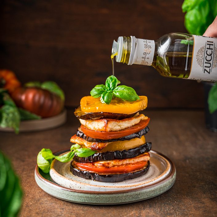 Eggplant Tomato Halloumi Stacks with basil olive oil