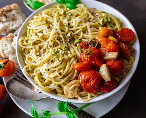 Pistachio Pesto Pasta with Tomato Confit