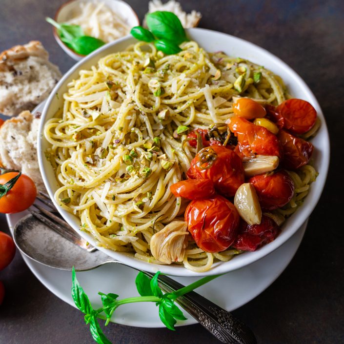 Pistachio Pesto Pasta with Tomato Confit